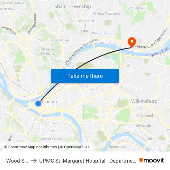 Wood Street to UPMC St. Margaret Hospital - Department Of Radiology map