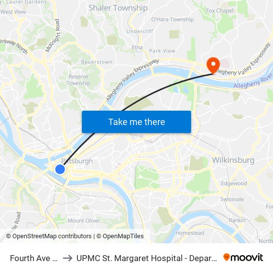 Fourth Ave + Wood to UPMC St. Margaret Hospital - Department Of Radiology map