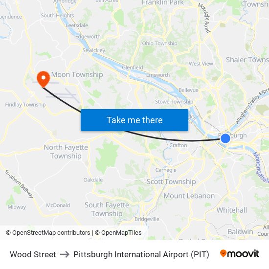 Wood Street to Pittsburgh International Airport (PIT) map