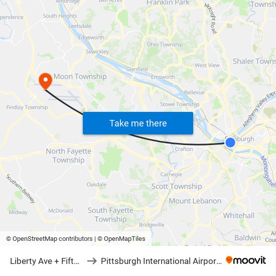 Liberty Ave + Fifth Ave to Pittsburgh International Airport (PIT) map