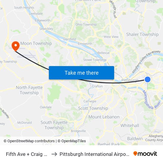Fifth Ave + Craig St Ns to Pittsburgh International Airport (PIT) map