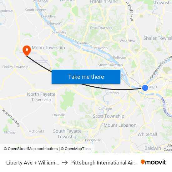 Liberty Ave + William Penn Pl to Pittsburgh International Airport (PIT) map