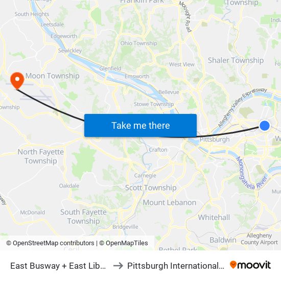East Busway + East Liberty Station B to Pittsburgh International Airport (PIT) map