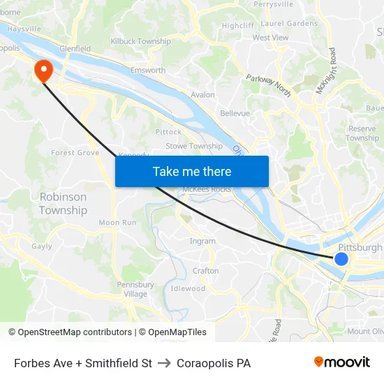 Forbes Ave + Smithfield St to Coraopolis PA map