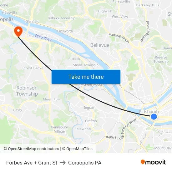 Forbes Ave + Grant St to Coraopolis PA map