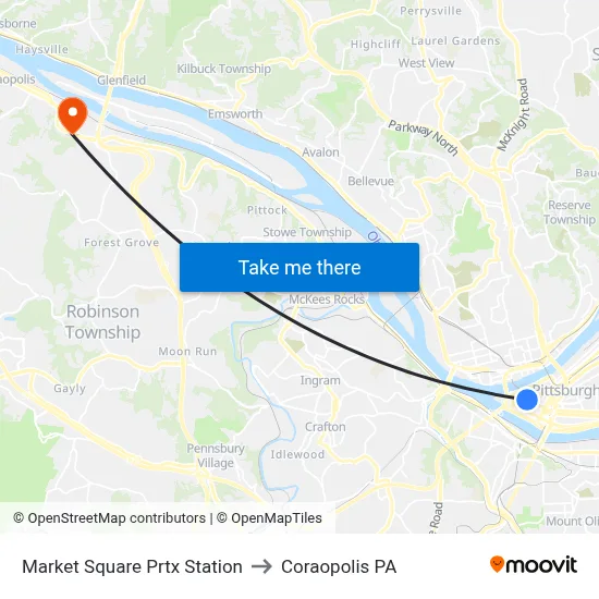 Market Square Prtx Station to Coraopolis PA map