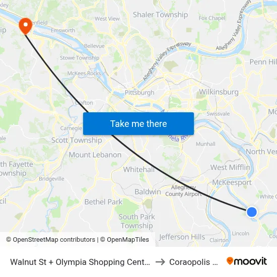 Walnut St + Olympia Shopping Center to Coraopolis PA map