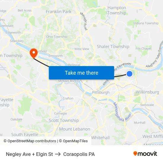 Negley Ave + Elgin St to Coraopolis PA map