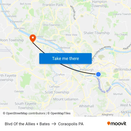 Blvd Of the Allies + Bates to Coraopolis PA map