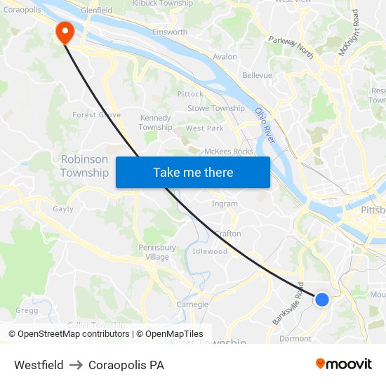 Westfield to Coraopolis PA map