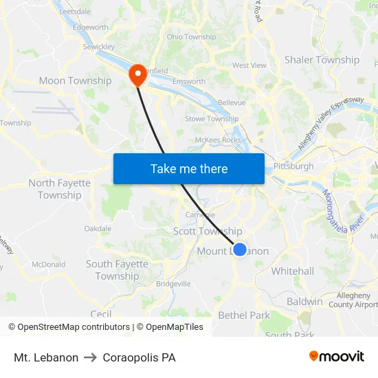Mt. Lebanon to Coraopolis PA map