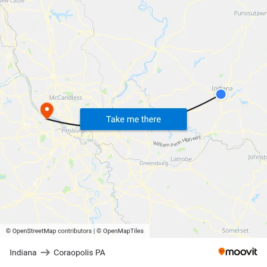Indiana to Coraopolis PA map