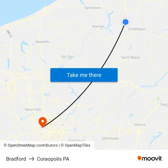 Bradford to Coraopolis PA map