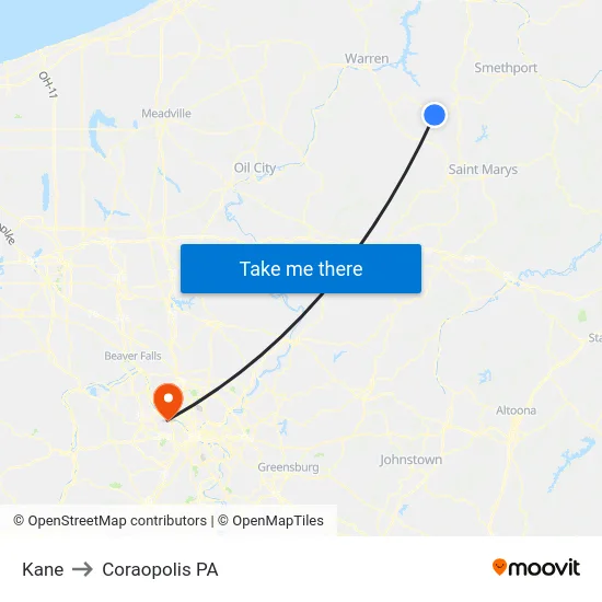 Kane to Coraopolis PA map