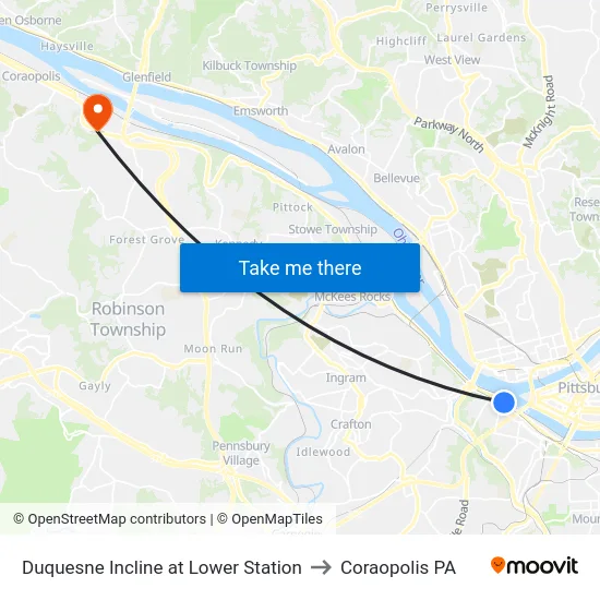 Duquesne Incline at Lower Station to Coraopolis PA map