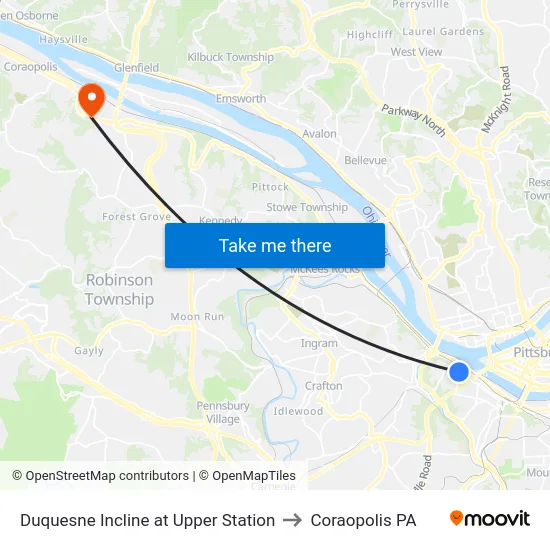 Duquesne Incline at Upper Station to Coraopolis PA map