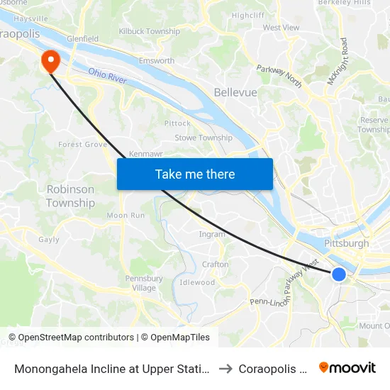 Monongahela Incline at Upper Station to Coraopolis PA map