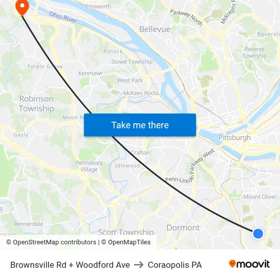 Brownsville Rd + Woodford Ave to Coraopolis PA map