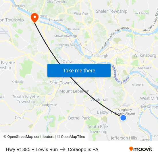 Hwy Rt 885 + Lewis Run to Coraopolis PA map