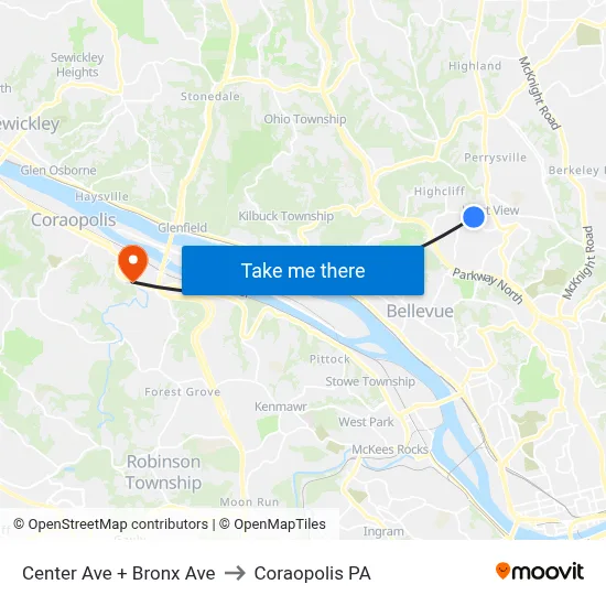 Center Ave + Bronx Ave to Coraopolis PA map