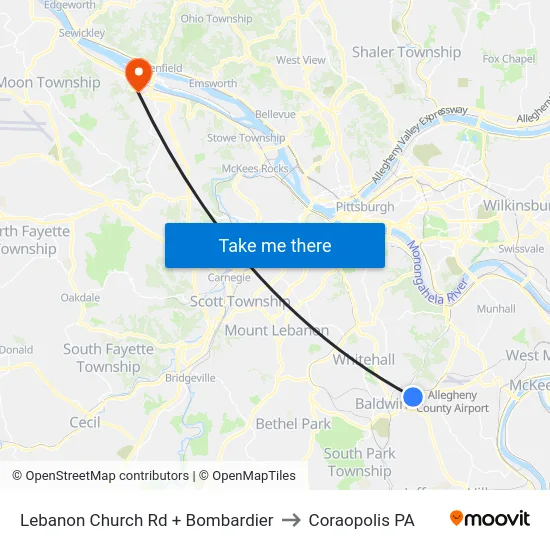 Lebanon Church Rd + Bombardier to Coraopolis PA map