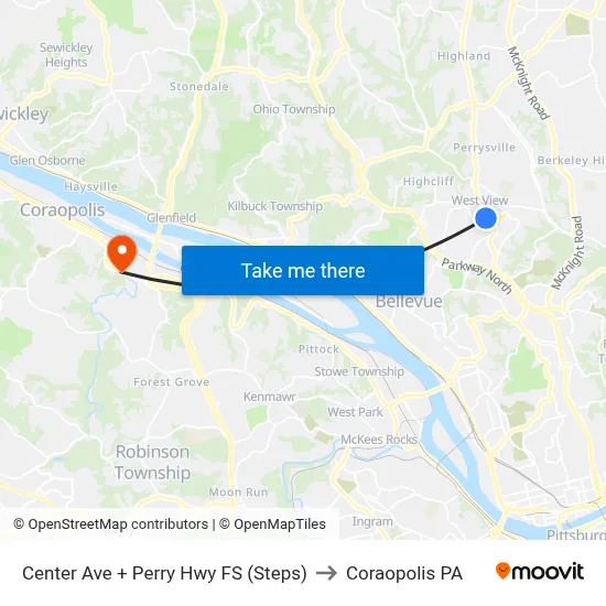 Center Ave + Perry Hwy FS (Steps) to Coraopolis PA map
