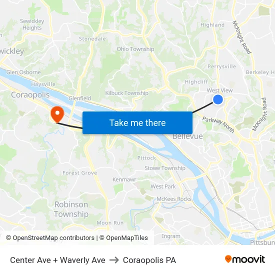 Center Ave + Waverly Ave to Coraopolis PA map