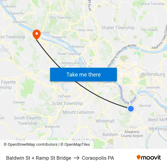 Baldwin St + Ramp St Bridge to Coraopolis PA map