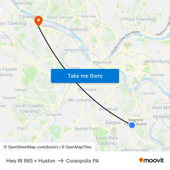 Hwy Rt 885 + Huston to Coraopolis PA map