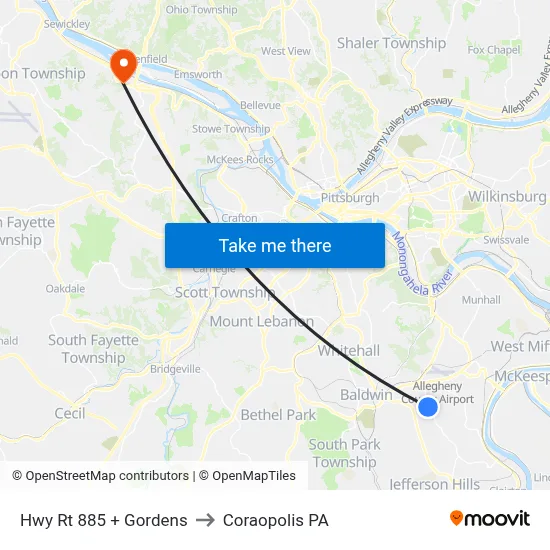 Hwy Rt 885 + Gordens to Coraopolis PA map