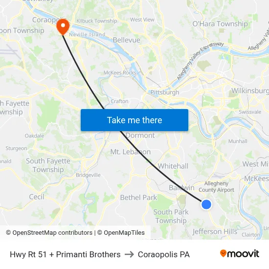 Hwy Rt 51 + Primanti Brothers to Coraopolis PA map