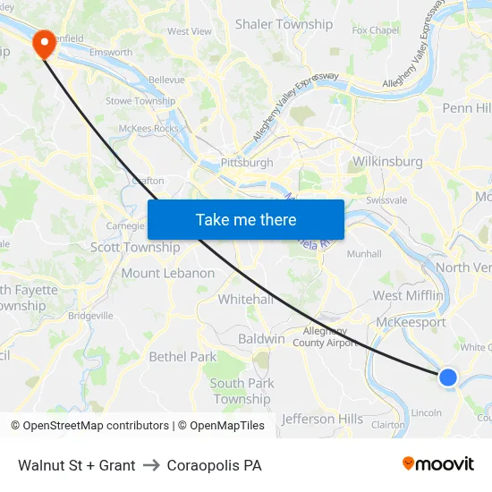Walnut St + Grant to Coraopolis PA map