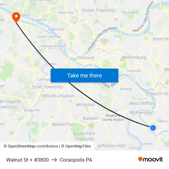 Walnut St + #3800 to Coraopolis PA map
