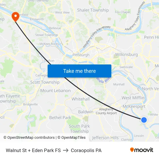 Walnut St + Eden Park FS to Coraopolis PA map