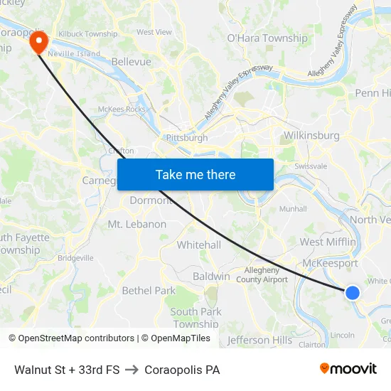 Walnut St + 33rd FS to Coraopolis PA map
