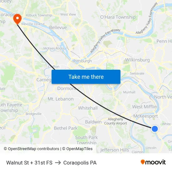 Walnut St + 31st FS to Coraopolis PA map