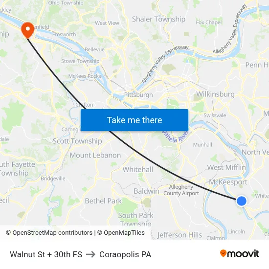 Walnut St + 30th FS to Coraopolis PA map
