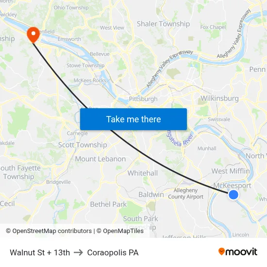 Walnut St + 13th to Coraopolis PA map