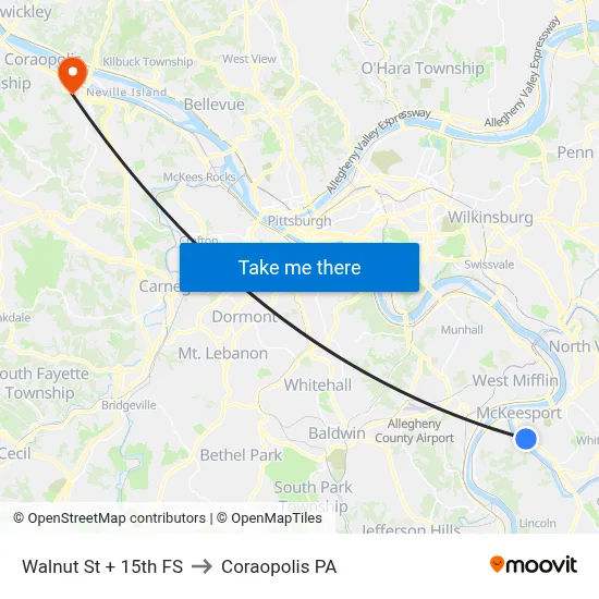 Walnut St + 15th FS to Coraopolis PA map