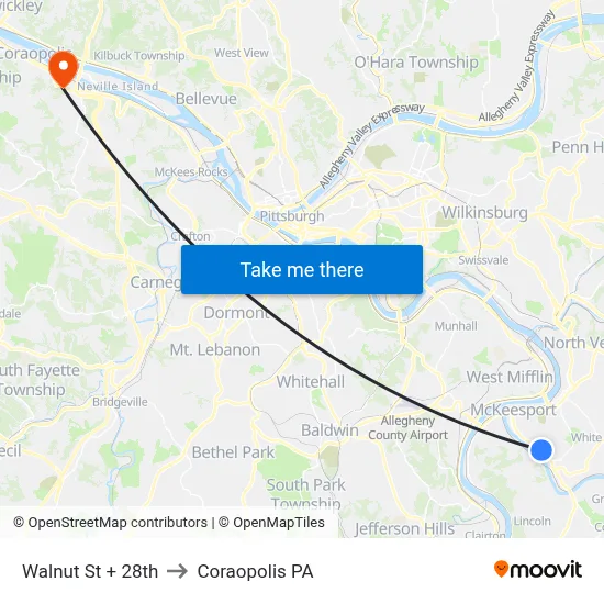 Walnut St + 28th to Coraopolis PA map