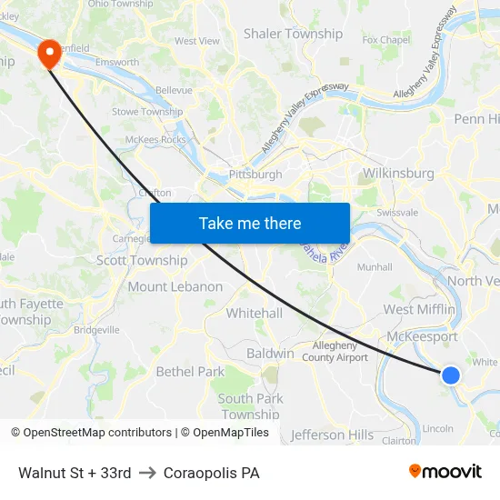 Walnut St + 33rd to Coraopolis PA map