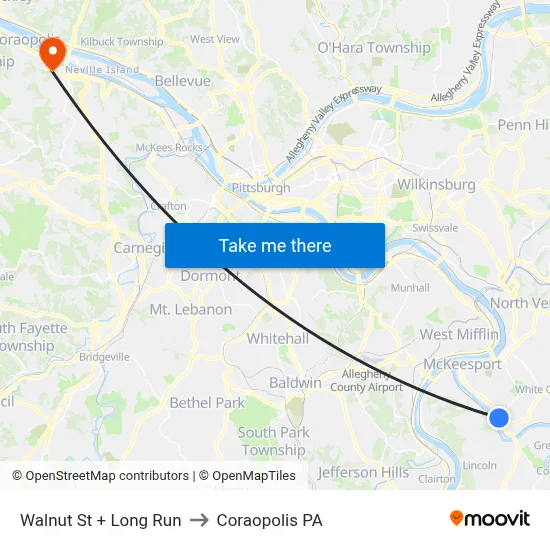 Walnut St + Long Run to Coraopolis PA map