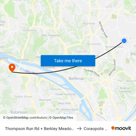 Thompson Run Rd + Berkley Meadows to Coraopolis PA map