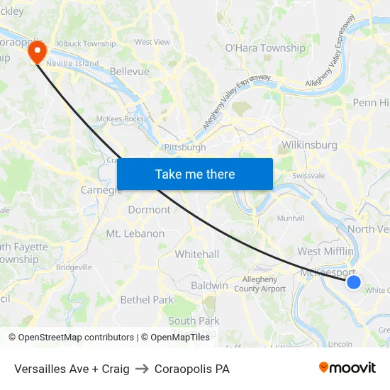 Versailles Ave + Craig to Coraopolis PA map