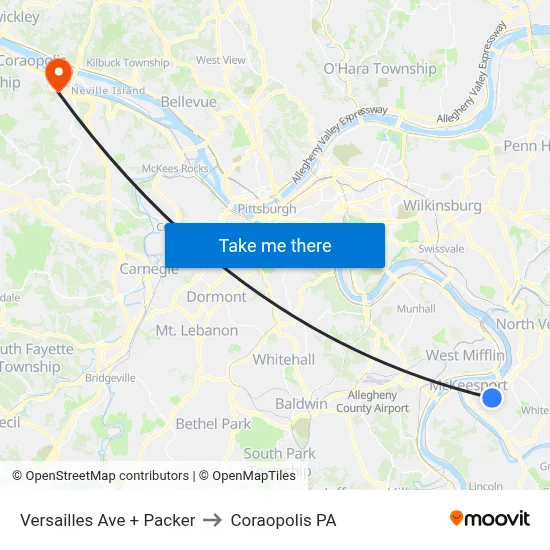 Versailles Ave + Packer to Coraopolis PA map