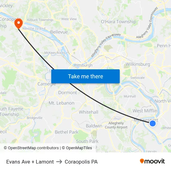 Evans Ave + Lamont to Coraopolis PA map