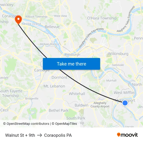 Walnut St + 9th to Coraopolis PA map