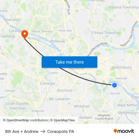 8th Ave + Andrew to Coraopolis PA map