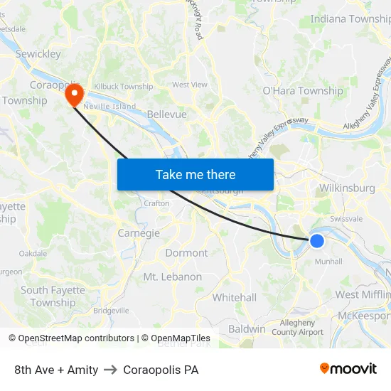 8th Ave + Amity to Coraopolis PA map