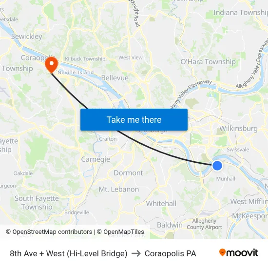 8th Ave + West (Hi-Level Bridge) to Coraopolis PA map